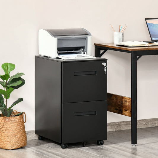 The office storage unit placed next to a desk with a printer on top in a home office setting
