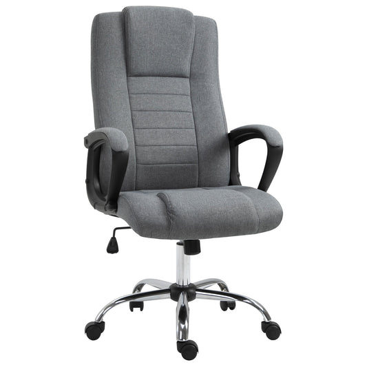Vinsetto Linen-Look Swivel Office Chair in dark grey with a chrome base and black armrests
