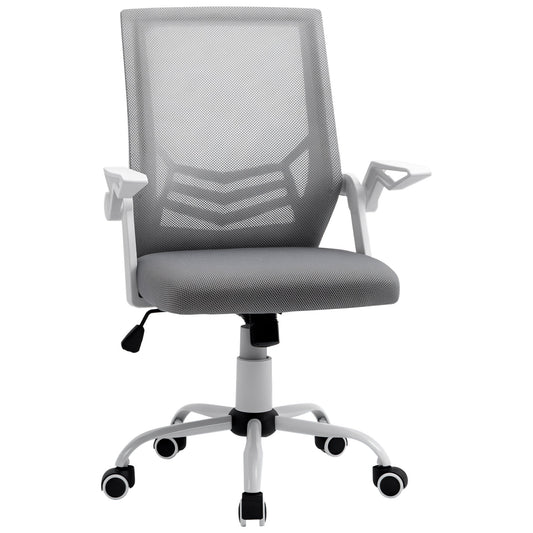 Vinsetto Office Chair with Flip-up Armrest in grey with a mesh back and white swivel base
