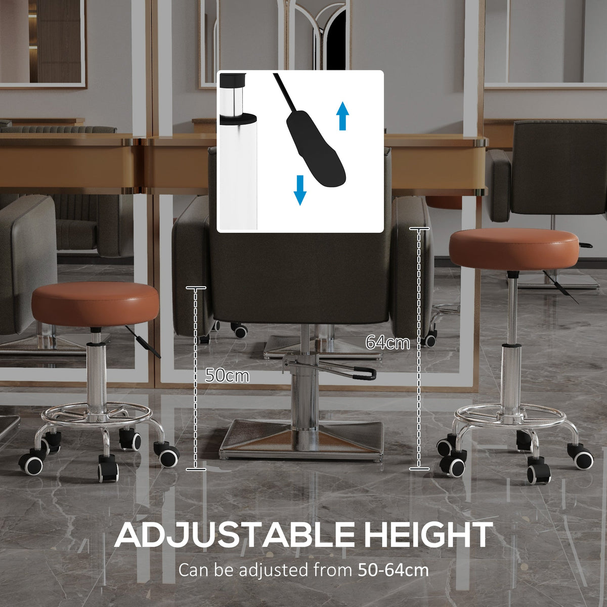 Adjustable height rolling stool shown with height range indicated