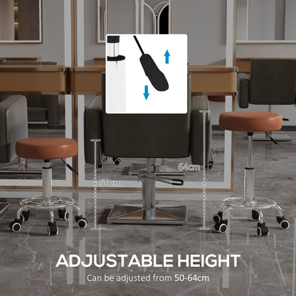 Adjustable height rolling stool shown with height range indicated