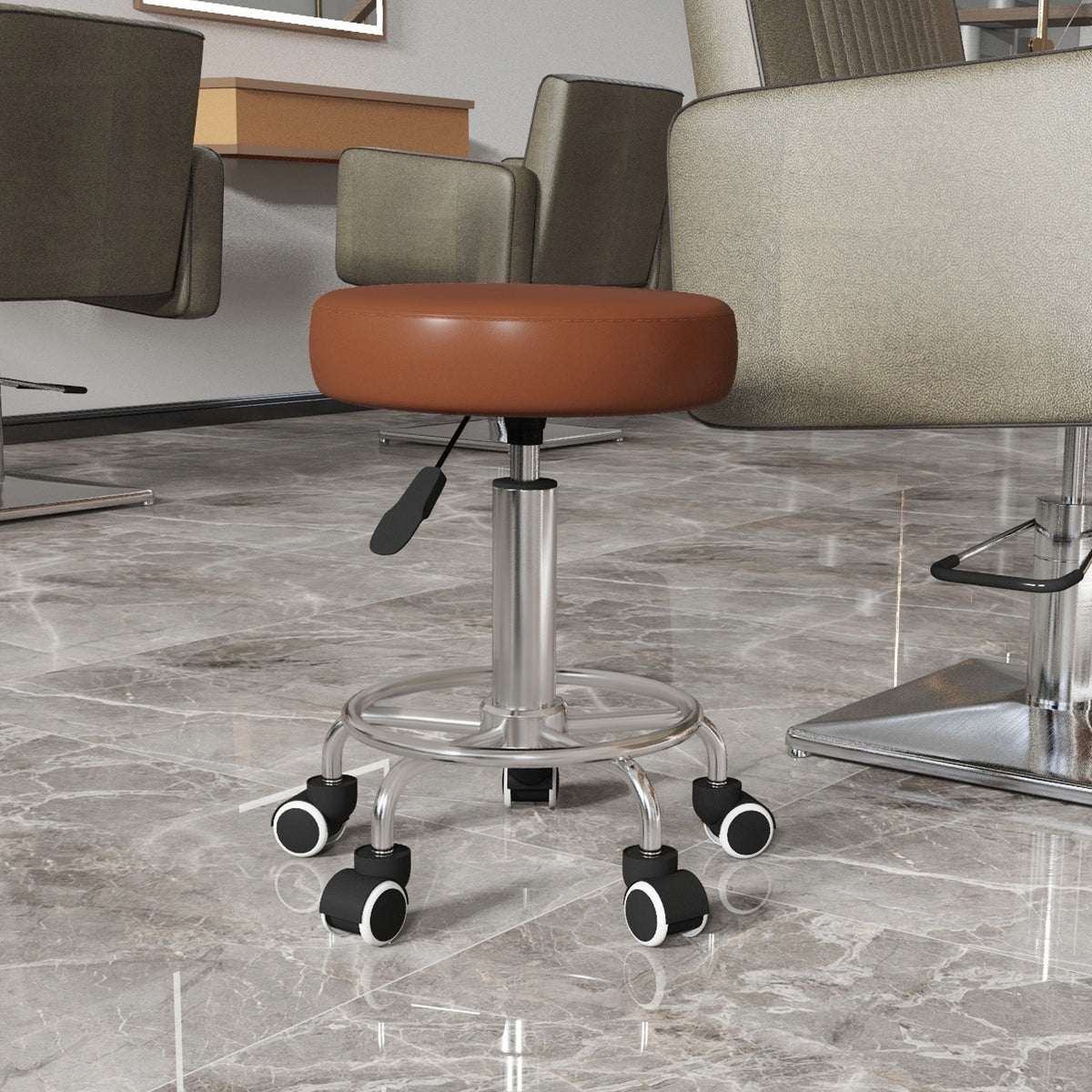 The brown PU leather rolling stool in a salon setting with chairs