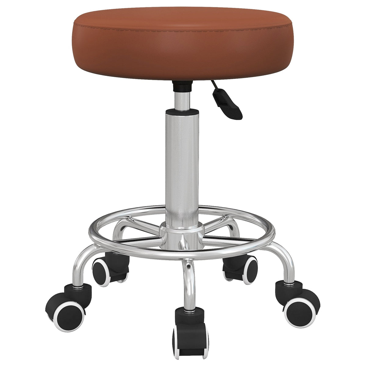 Vinsetto PU Leather Rolling Stool, a brown circular seat on a chrome base with five wheels