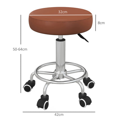 Brown PU leather stool with dimensions shown for seat and height