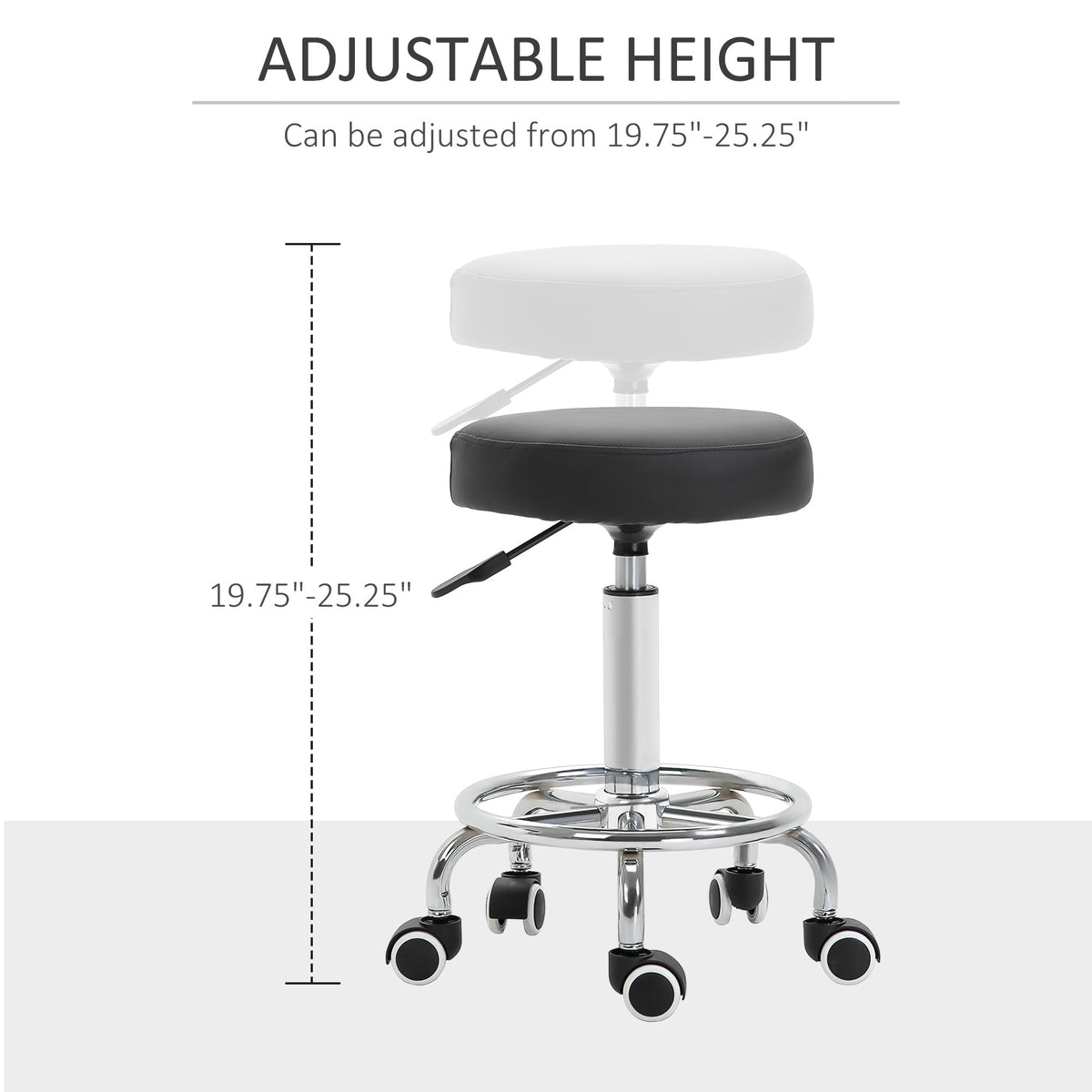 Adjustable height rolling stool with height range indicated