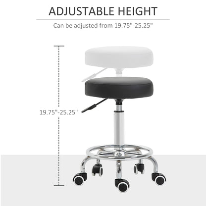Adjustable height rolling stool with height range indicated