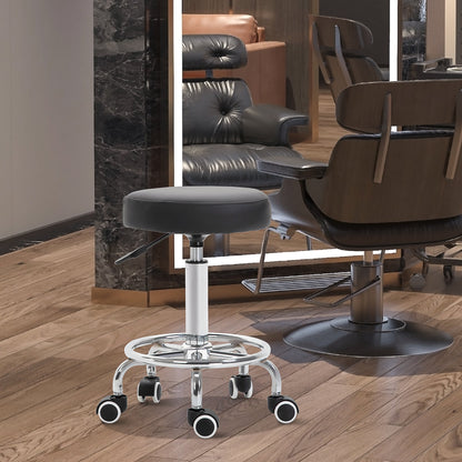 Black PU leather rolling stool in a salon setting with chairs and mirrors