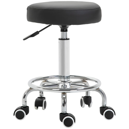 Vinsetto Round Rolling Stool with a black PU leather seat and chrome base with wheels
