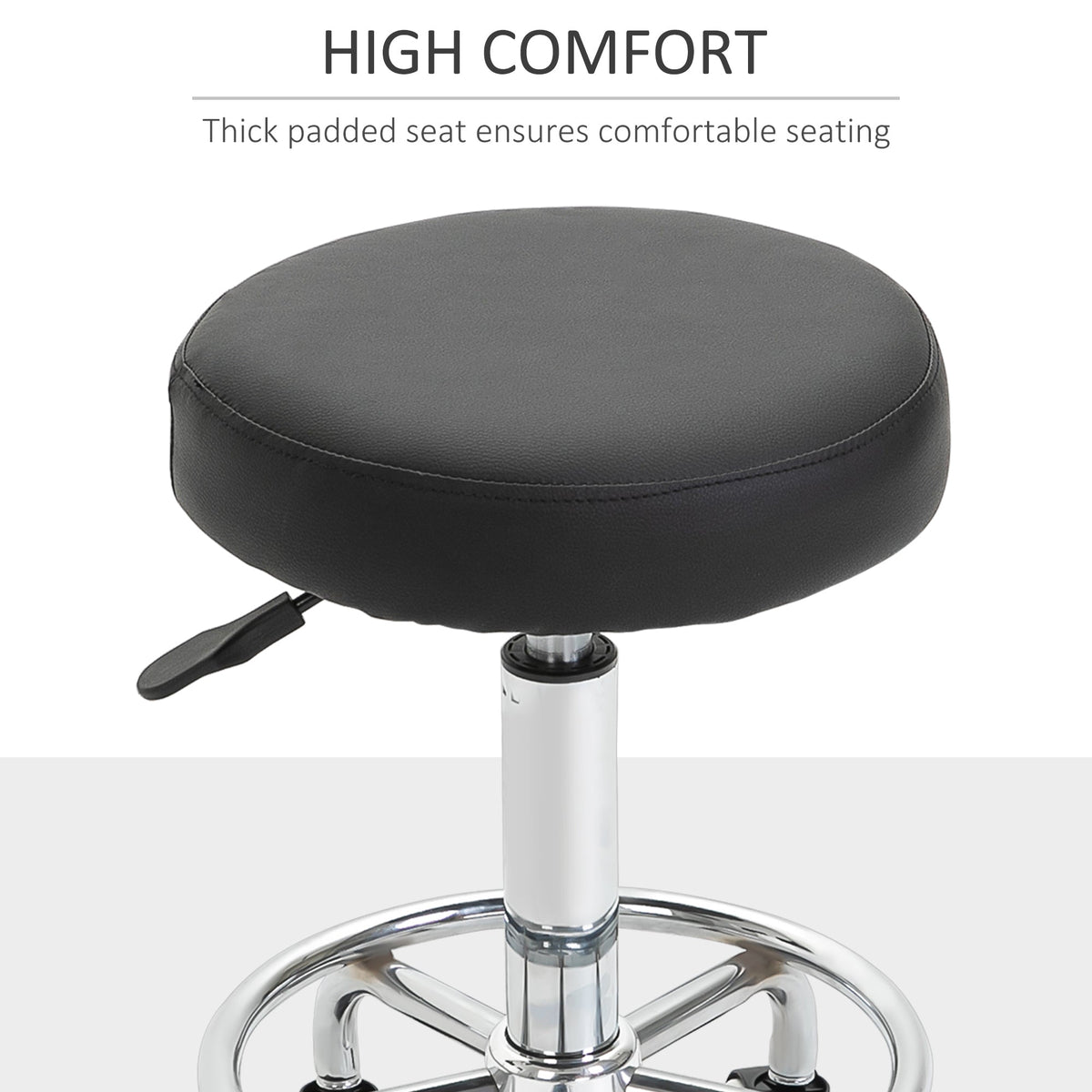 Close up of the thick padded seat of the black PU leather rolling stool