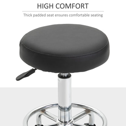Close up of the thick padded seat of the black PU leather rolling stool