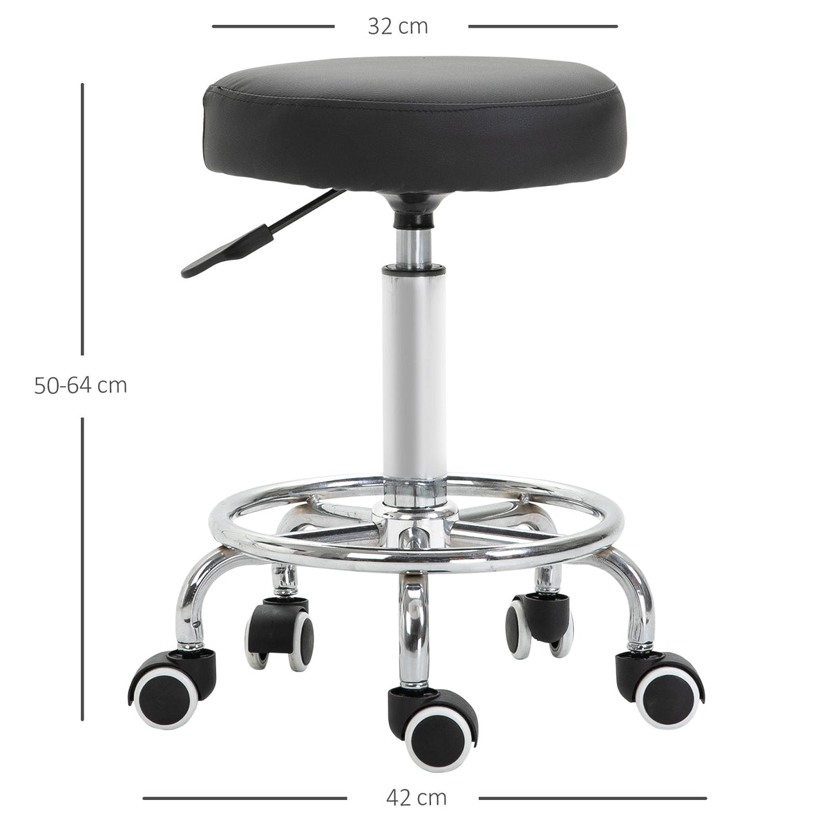 Black PU leather rolling stool with dimensions shown in cm