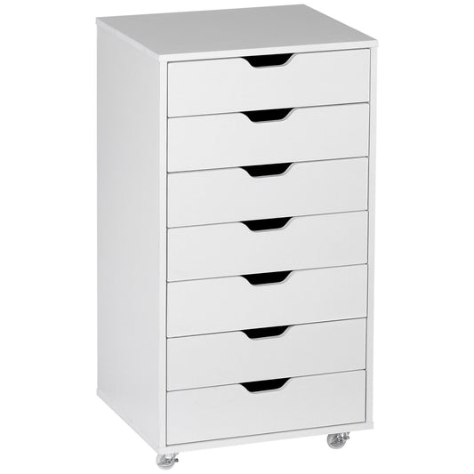 Vinsetto Seven-Drawer Filing Cabinet in white with seven drawers and small wheels at the base