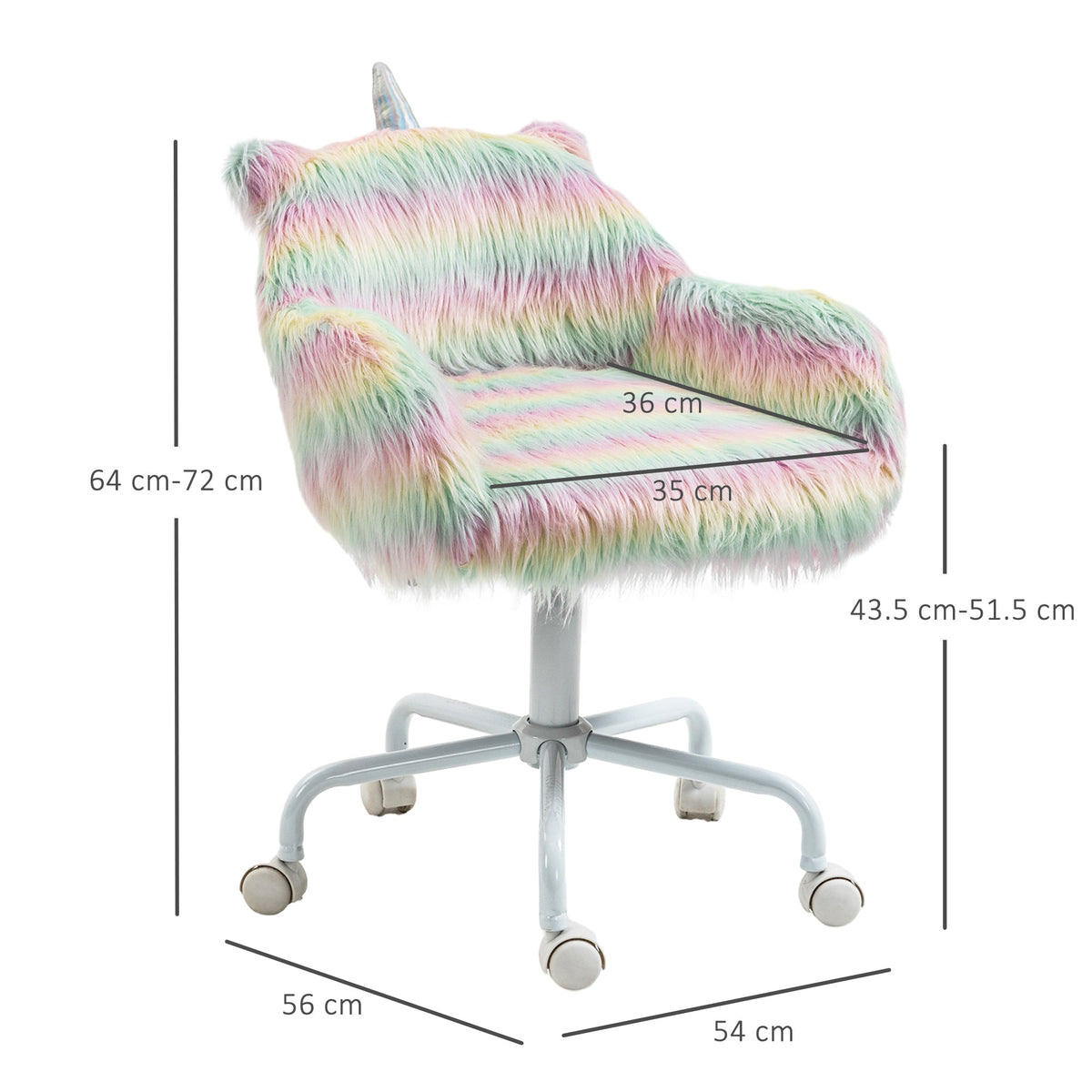 A colourful fluffy office chair with dimensions shown