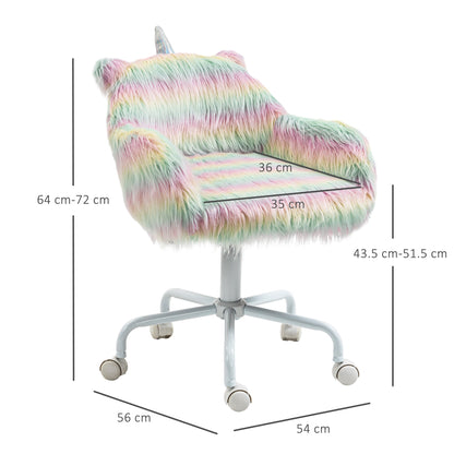 A colourful fluffy office chair with dimensions shown