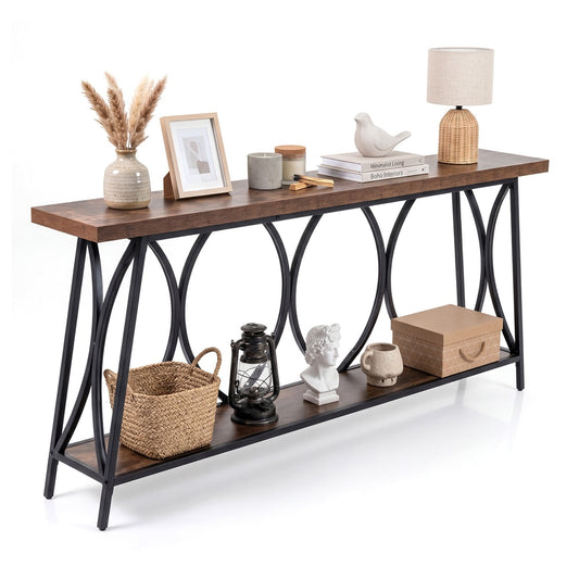 Vintage Console Table with 2-Tier Storage, rustic brown wood top and black metal frame