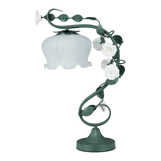 Vintage Nightstand Lamp with a curved green stem, white ceramic roses and a frosted glass shade