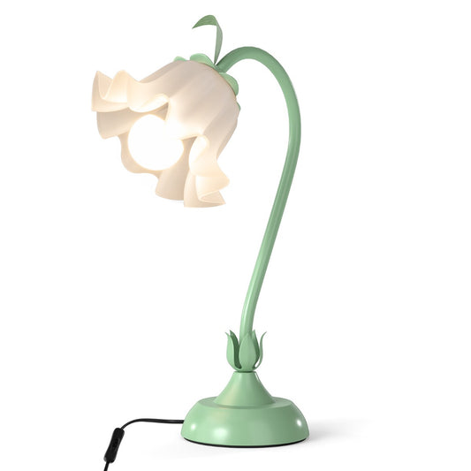 Vintage Nightstand Lamp with a green base and stem, and a white floral lampshade