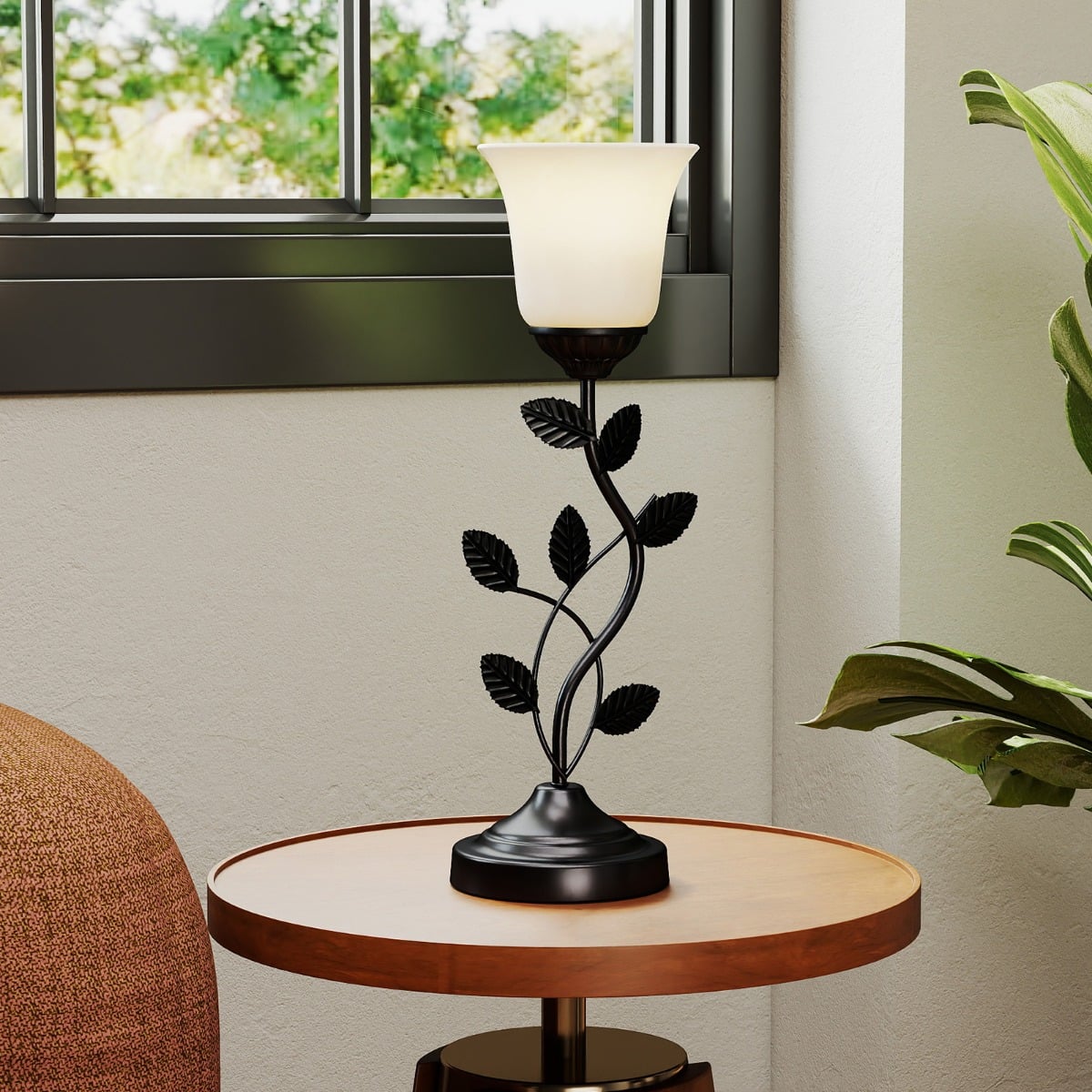 Vintage Nightstand Lamp with Tulip Glass Lampshade and Metal Leaves-Black