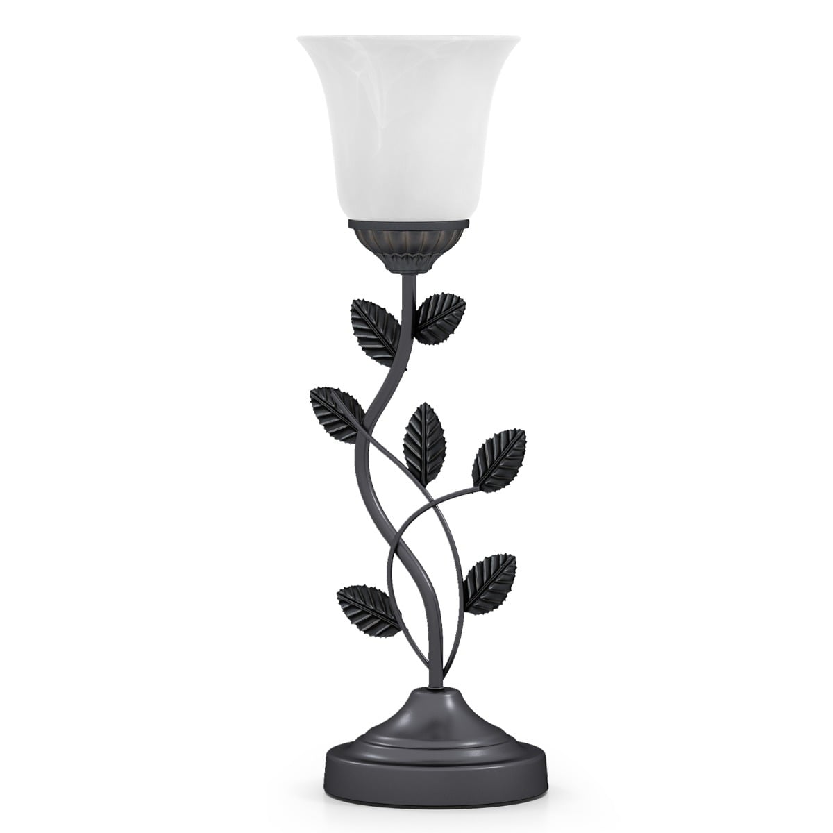 Vintage Nightstand Lamp with Tulip Glass Lampshade and Metal Leaves-Black