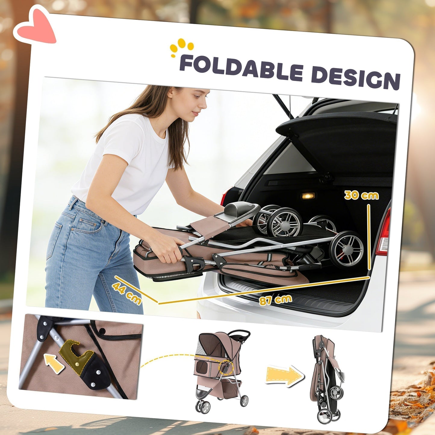 PawHut Dog Stroller, 3 Wheels Foldable Pet Stroller with Adjustable Canopy, Storage Basket for Small Mini Breeds, Coffee