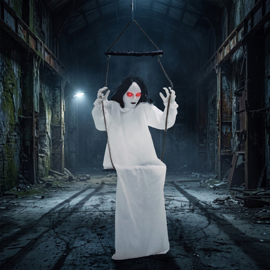 HOMCOM 170cm Animated Hanging Swing Ghost Halloween Decoration in White