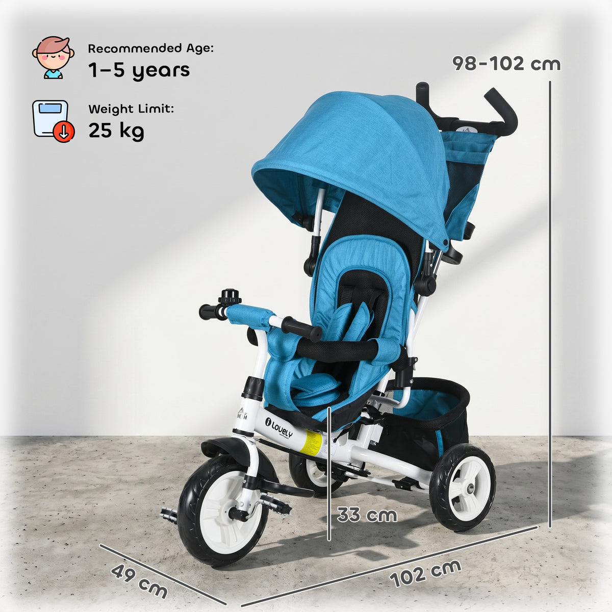 HOMCOM 6 in 1 Kids Trike with Parent Handle in Blue