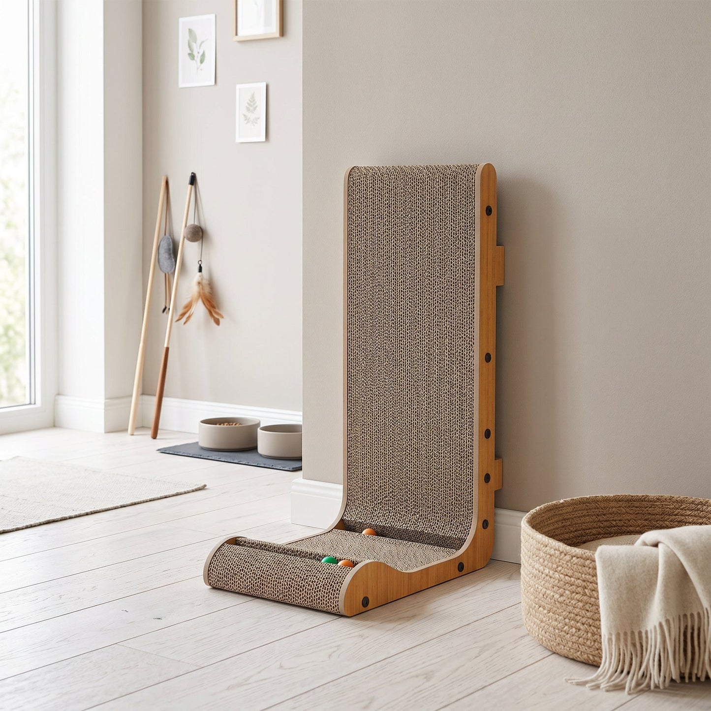 PawHut Cat Scratching Board Wall Mounted Cat Scratcher Corrugated 3 Toy Balls 39 x 23.5 x 57.5 cm Brown