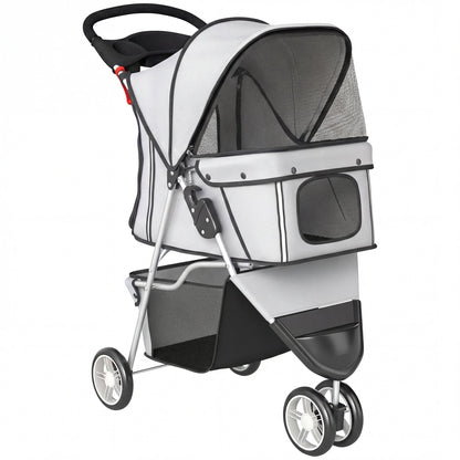 PawHut Dog Stroller, 3 Wheels Foldable Pet Stroller with Adjustable Canopy, Storage Basket for Small Mini Breeds, Grey