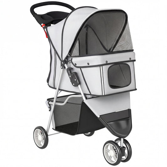 PawHut Dog Stroller, 3 Wheels Foldable Pet Stroller with Adjustable Canopy, Storage Basket for Small Mini Breeds, Grey