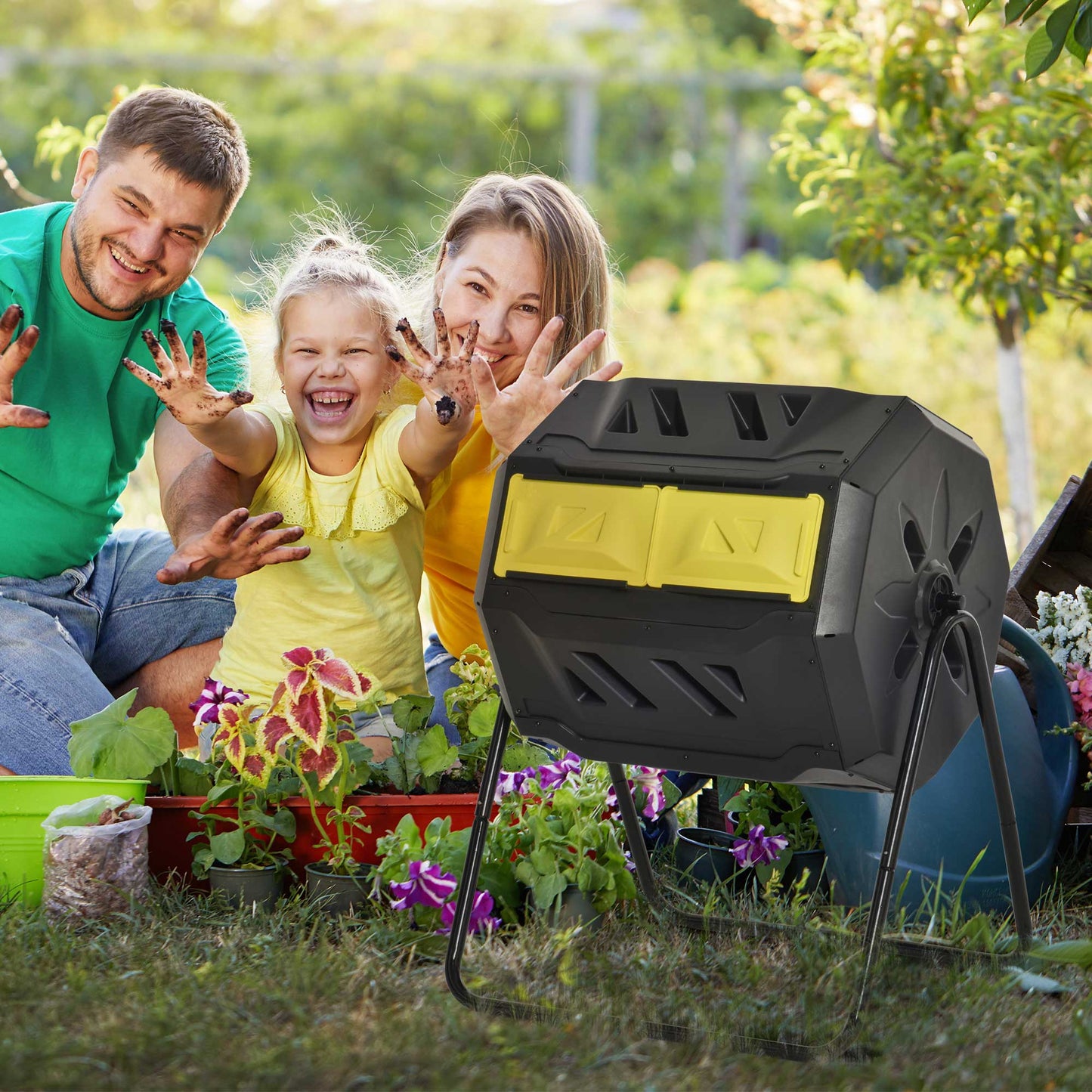 Outsunny 160L 360 Rotating Dual Chamber Composter - Yellow