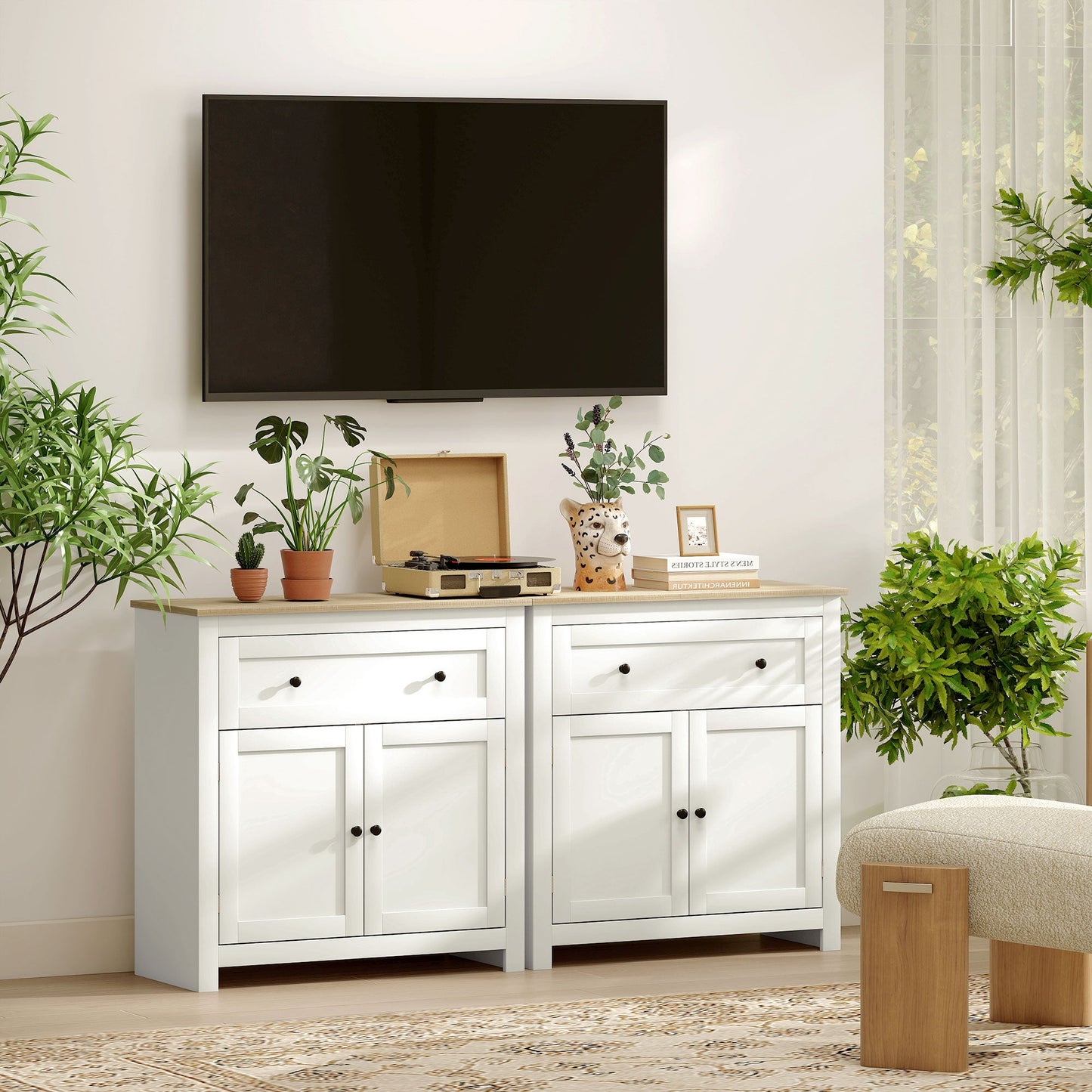 HOMCOM Sideboard Storage Cabinet, Modern Kitchen Cupboard with Adjustable Shelf, Drawer and Double Doors, Cream White
