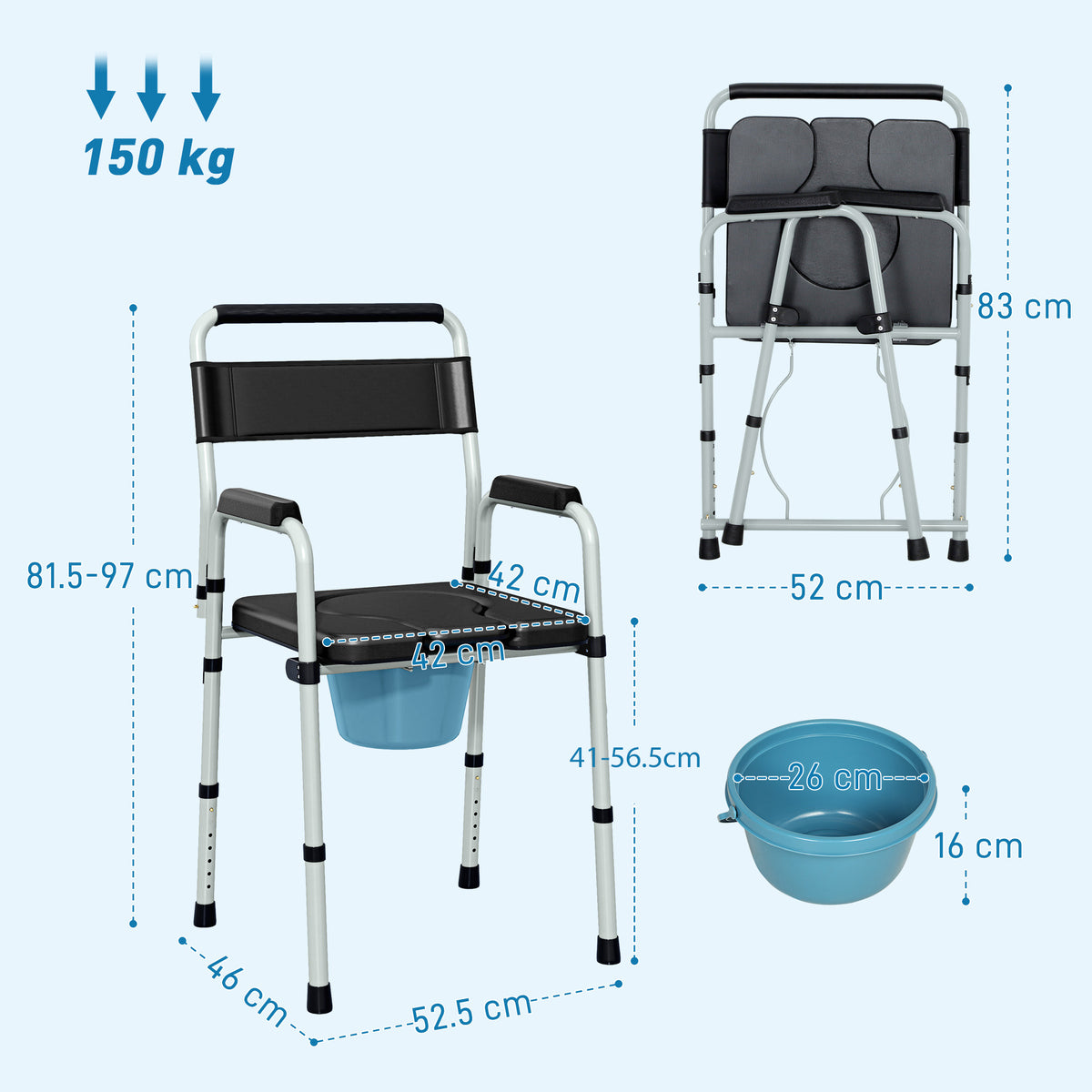 HOMCOM Commode Chair for Elderly with Arms and Back in Black