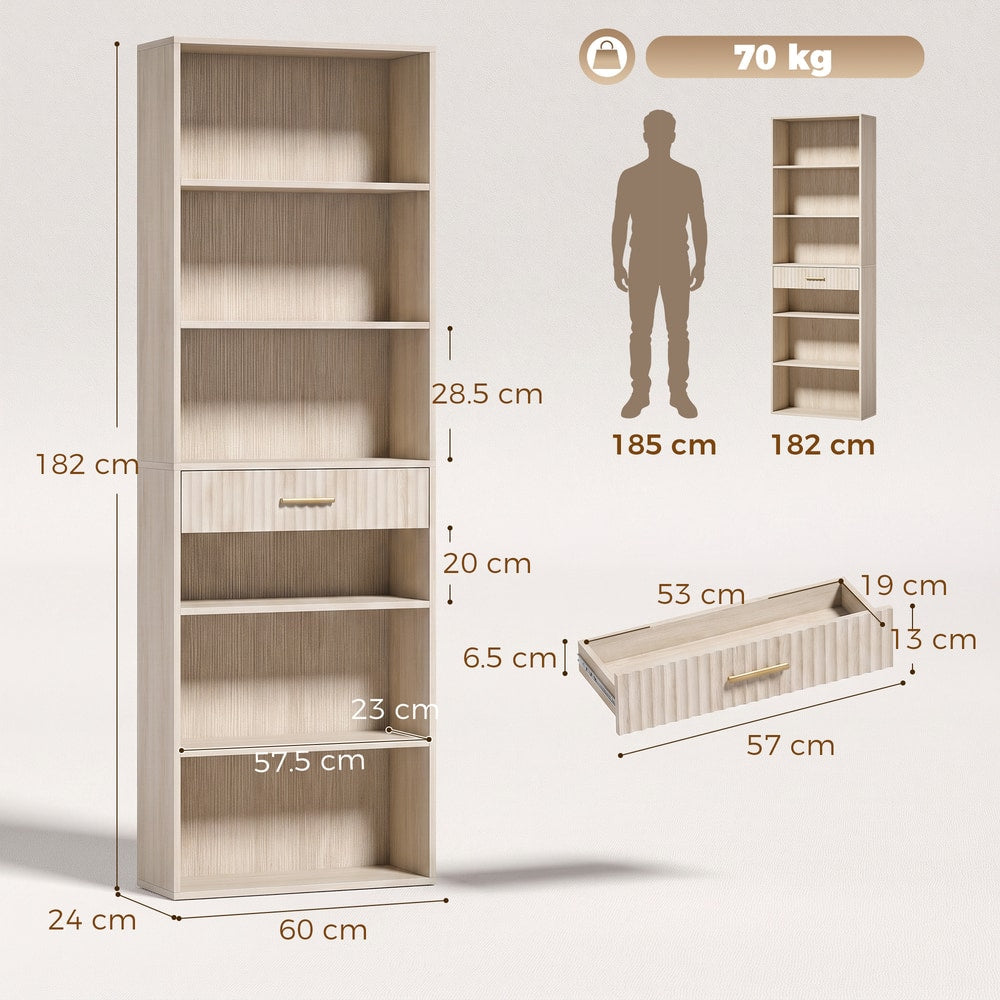 HOMCOM Bookcase Narrow Tall Space-Saving Bookshelf Drawer Open Shelves in Oak Wood Effect
