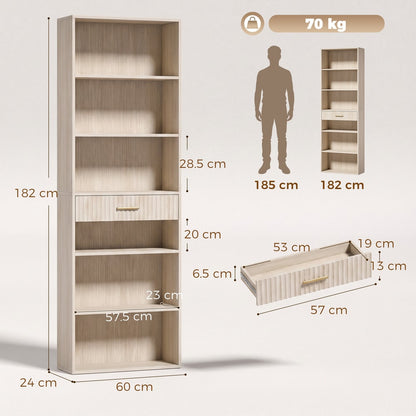 HOMCOM Bookcase Narrow Tall Space-Saving Bookshelf Drawer Open Shelves in Oak Wood Effect