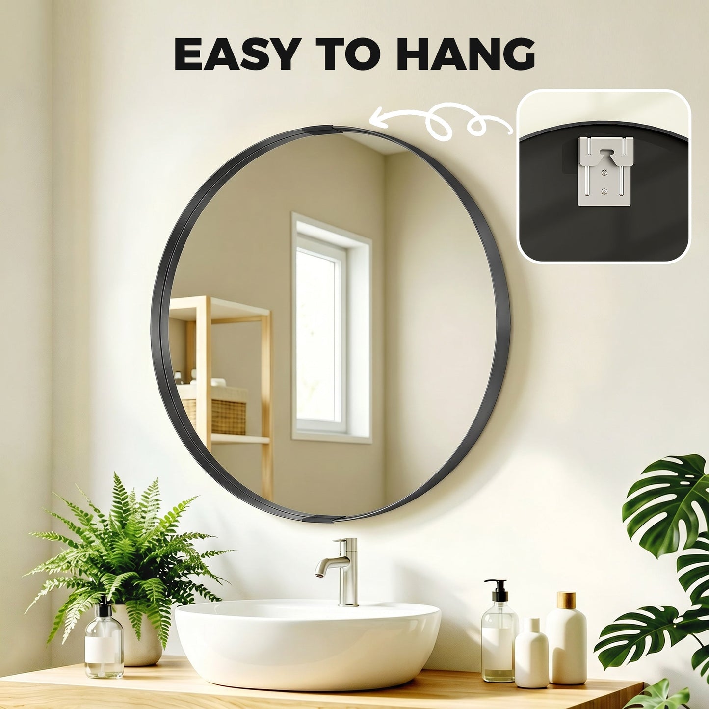 HOMCOM Round Wall Mirror 61 cm, Wall Mounted Bathroom Mirror with Tempered Safety Glass and Aluminium Alloy Frame, Black