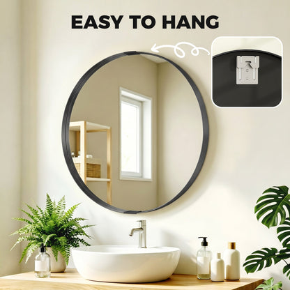 HOMCOM Round Wall Mirror 61 cm, Wall Mounted Bathroom Mirror with Tempered Safety Glass and Aluminium Alloy Frame, Black