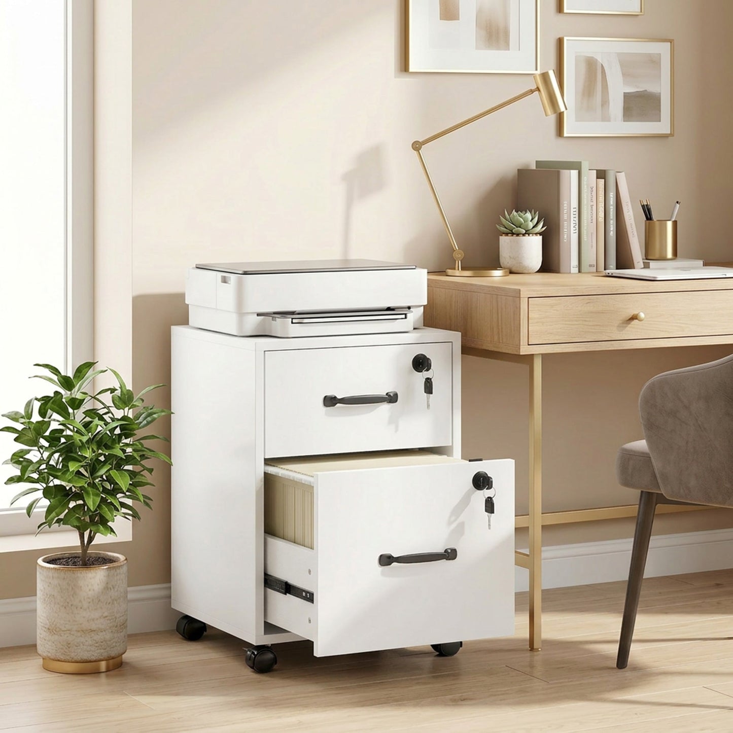 HOMCOM Rolling File Cabinet with 2 Drawers, Mobile Filing Cabinet with Hanging File Folder for Letter Sized Documents, White