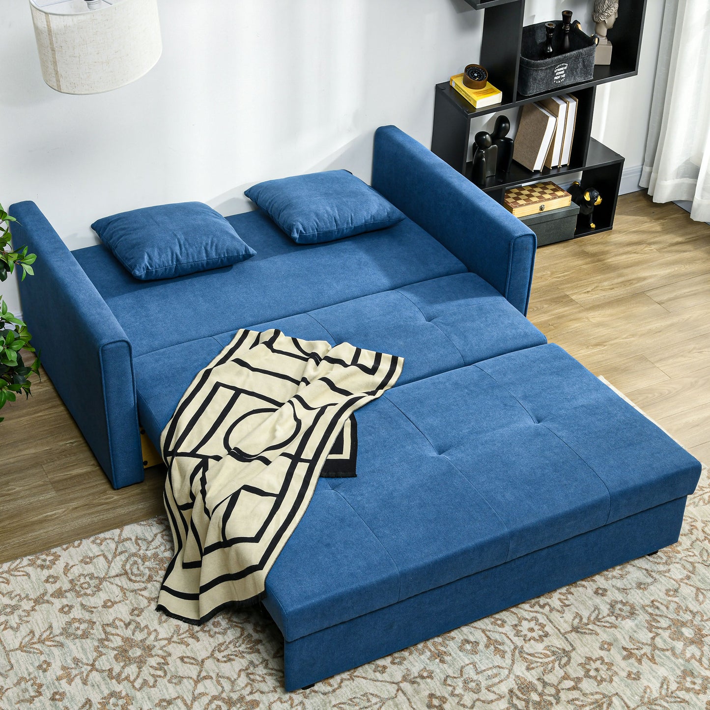 HOMCOM 2 Seater Sofa Bed, Convertible Bed Settee, Modern Velvet Loveseat Sofa Couch with 2 Cushions, Hidden Storage for Living Room, Guest Room, Deep Blue