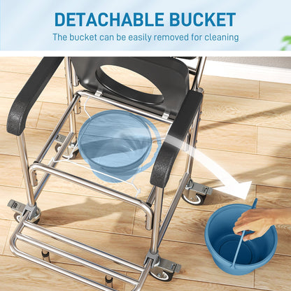 HOMCOM Transport Beside Shower Chair, 3-in-1 Commode Chair with Wheels and Padded Seat, Black