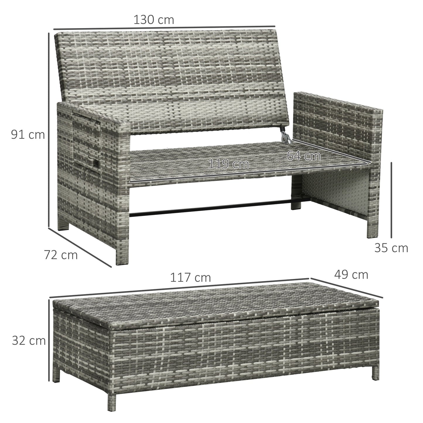 Outsunny Rattan Garden Daybed, Assembled Double Sun Lounger with 5-Level Adjustable Back, Storage Ottoman, Cushions, Pillows and Retractable Trays, Outdoor Loveseat Sofa Bed for Patio, Mixed Grey