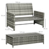 Outsunny Rattan Garden Daybed, Assembled Double Sun Lounger with 5-Level Adjustable Back, Storage Ottoman, Cushions, Pillows and Retractable Trays, Outdoor Loveseat Sofa Bed for Patio, Mixed Grey