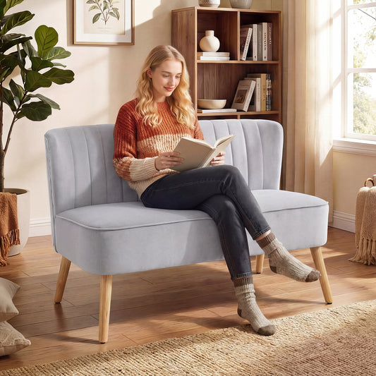 HOMCOM Modern Velvet Double Seat Sofa in Light Grey