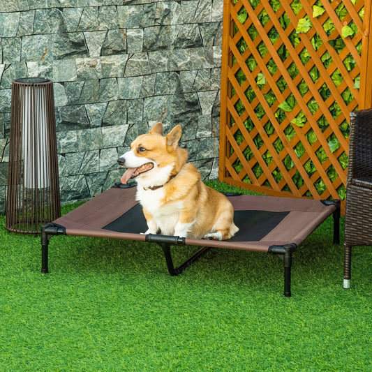 PawHut سرير كلب كبير مرتفع، سرير قطة مرتفع ومبرد، محمول للتخييم، سلة خارجية وداخلية شبكية للحيوانات الأليفة، إطار معدني بني