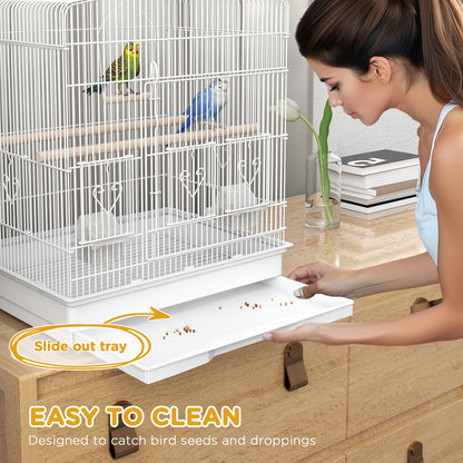 PawHut Large Metal Bird Cage with Perches, Food Bowls, Swing, for Budgies, Parakeets, White