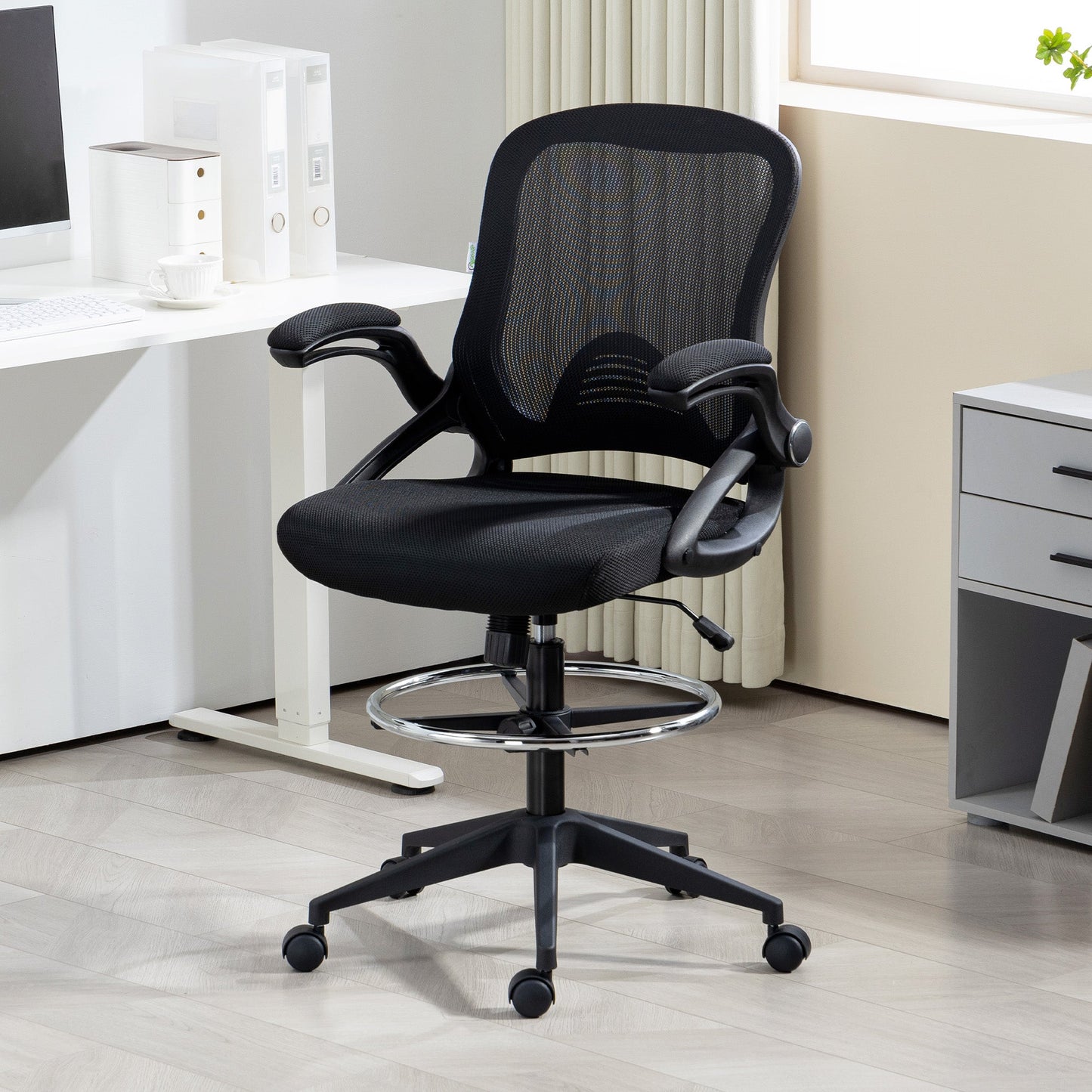 Vinsetto Drafting Chair with Flip-up Armrest, Mesh Office Stool with Foot Ring, 360 Degree Swivel Height Adjustable Chair for Standing Desk, Black
