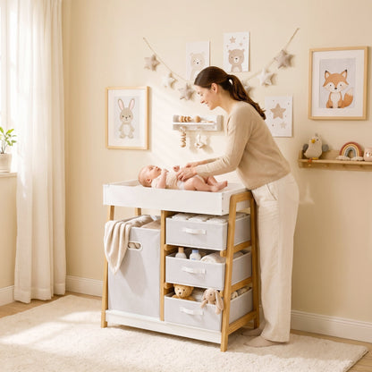 AIYAPLAY Baby Changing Table, Baby Changing Unit with 3 Drawers, Large Basket and Waterproof Pad for Bedroom Nursery, White