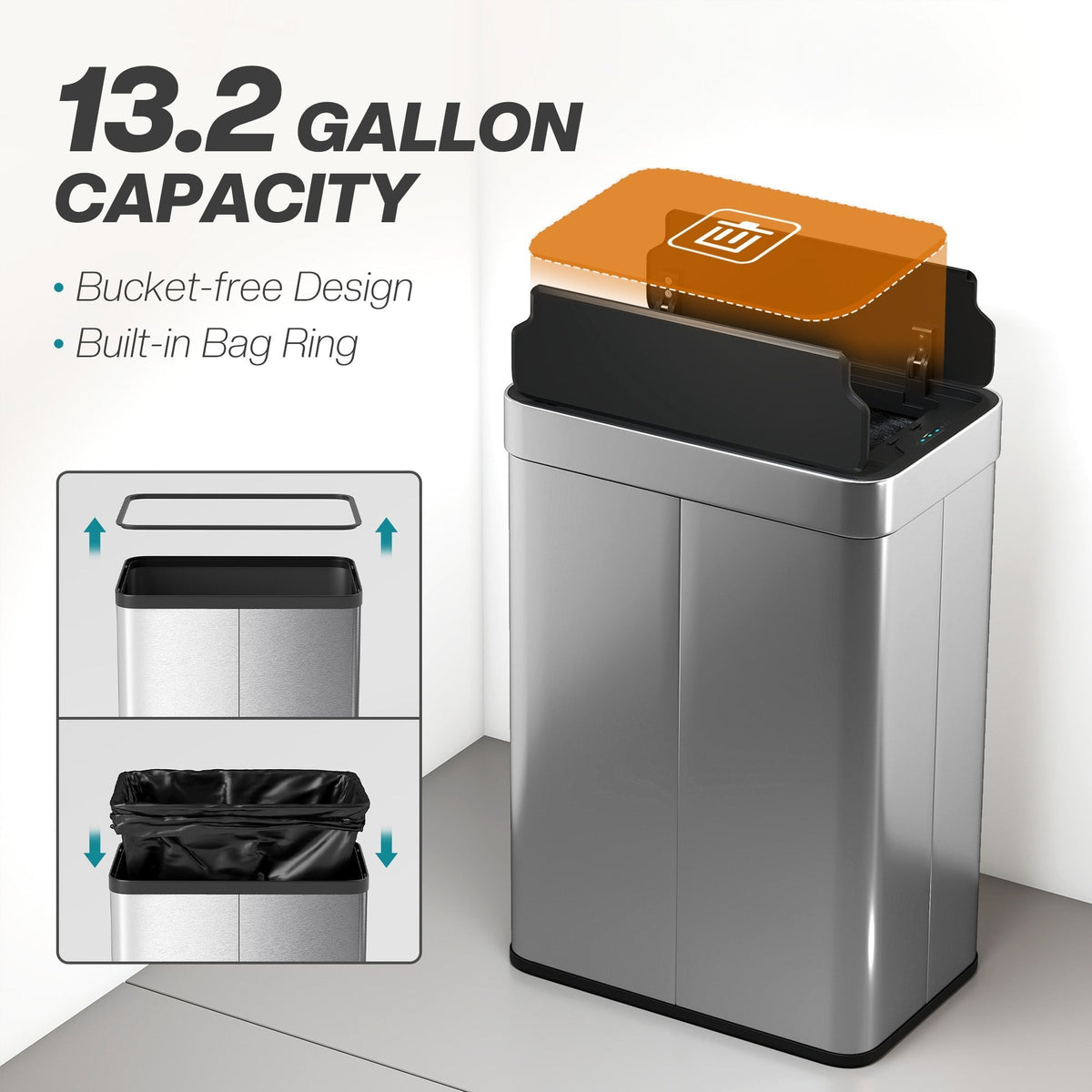 HOMCOM 55L Sensor Bin, Large Automatic Touchless Rubbish Bin with Soft-Close Lid, Silver Tone