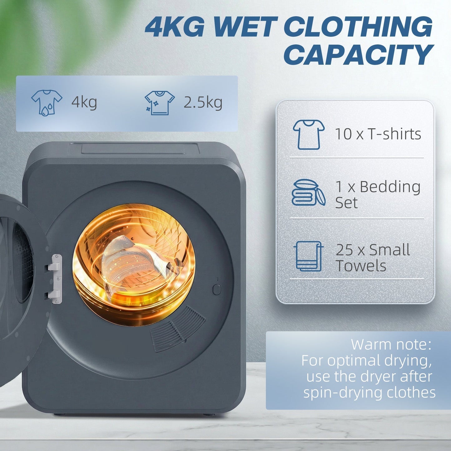 HOMCOM Vented Tumble Dryer, 4kg Front Tumble Dryer with Stainless Steel Tub, 800W Compact Freestanding Grey