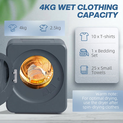 HOMCOM Vented Tumble Dryer, 4kg Front Tumble Dryer with Stainless Steel Tub, 800W Compact Freestanding Grey