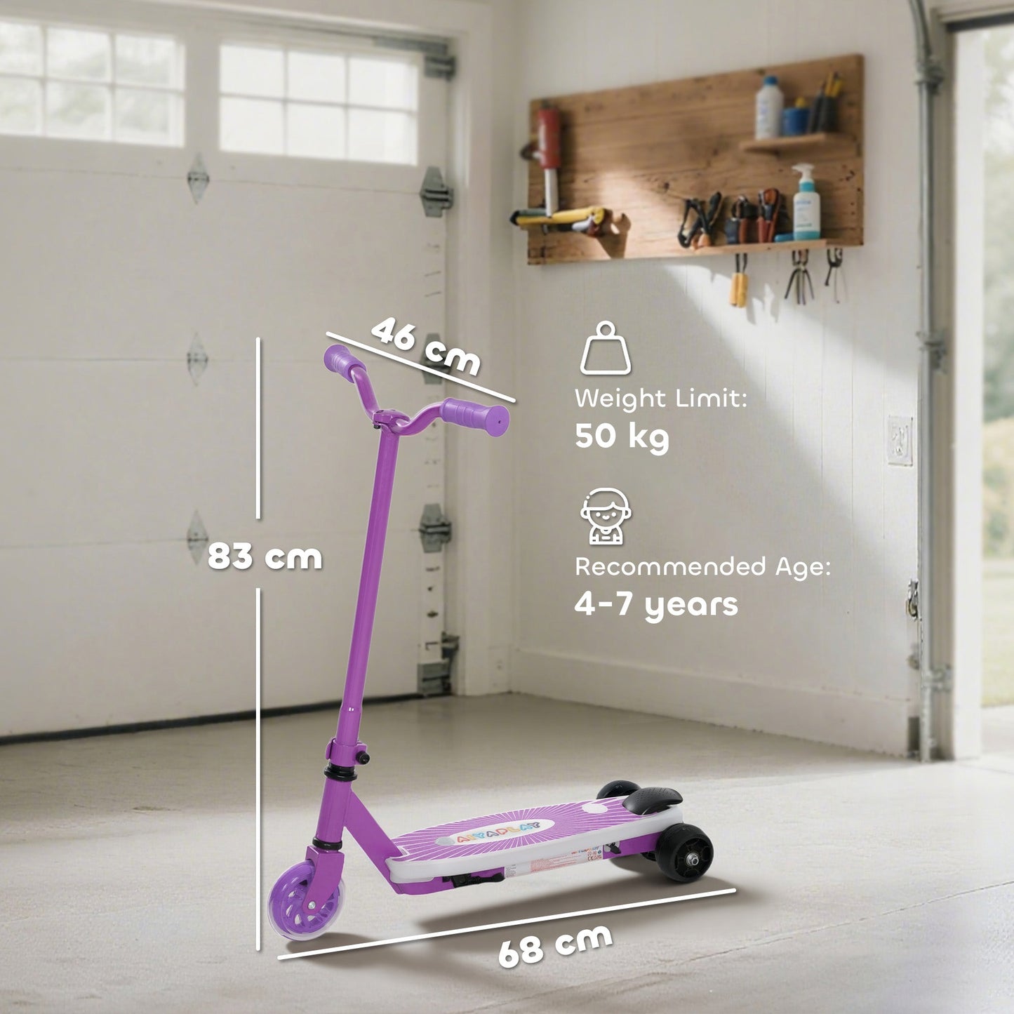 AIYAPLAY Electric Scooter for Kids Aged 4-7 Years, with Flashing LED Lights, Rear Auxiliary Wheels, Purple